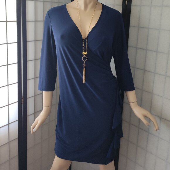 NWOT Nina Leonard Navy Blue Size M Faux Wrap Dress with Flattering Side Drape - Picture 6 of 11